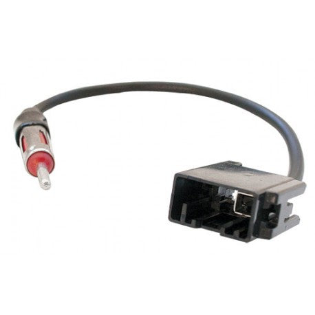 Car audio cable connector with red and white plug on a white background