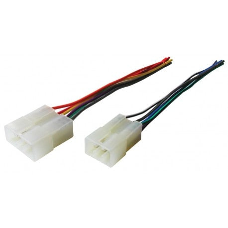 Two automotive wiring connectors with colored wires on a white background