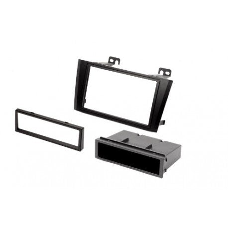 Black plastic car stereo dash installation kit with mounting brackets and trim